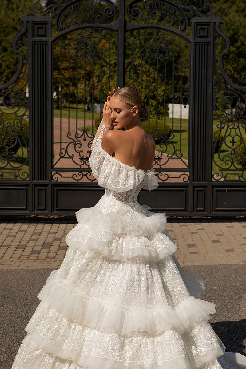 K1219 - Sweetheart Off-Shoulder Lace Tulle Long Ball Wedding Gown