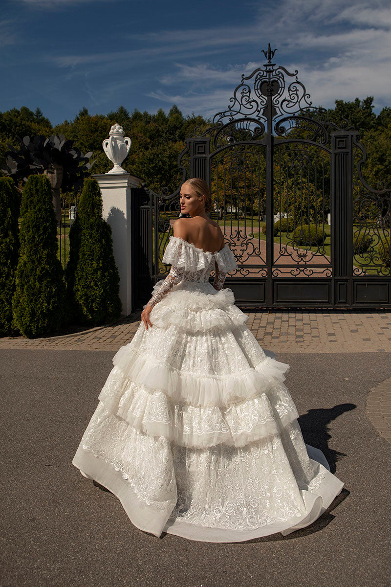 K1219 - Sweetheart Off-Shoulder Lace Tulle Long Ball Wedding Gown