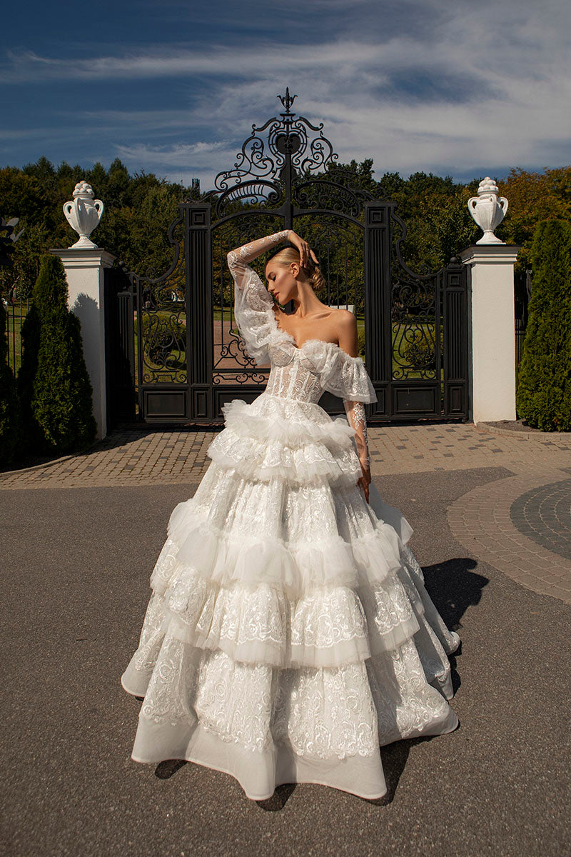 K1219 - Sweetheart Off-Shoulder Lace Tulle Long Ball Wedding Gown