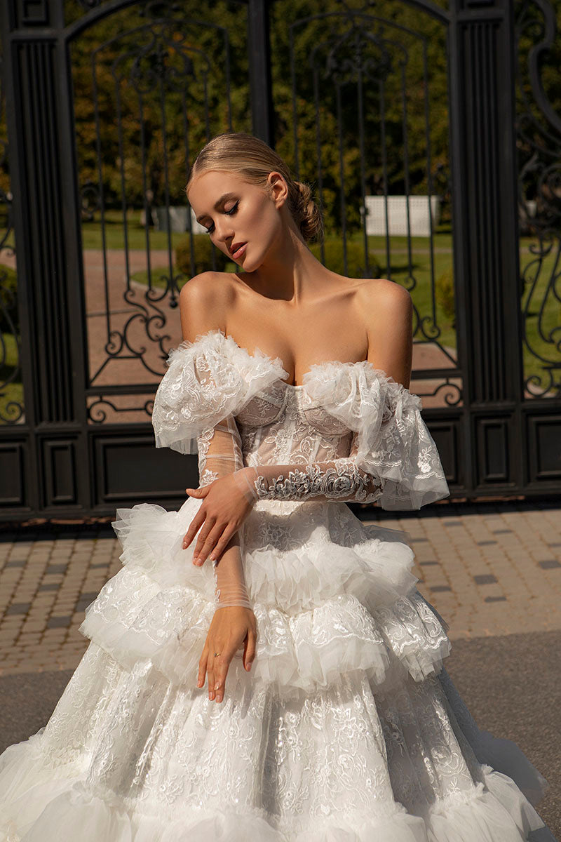 K1219 - Sweetheart Off-Shoulder Lace Tulle Long Ball Wedding Gown