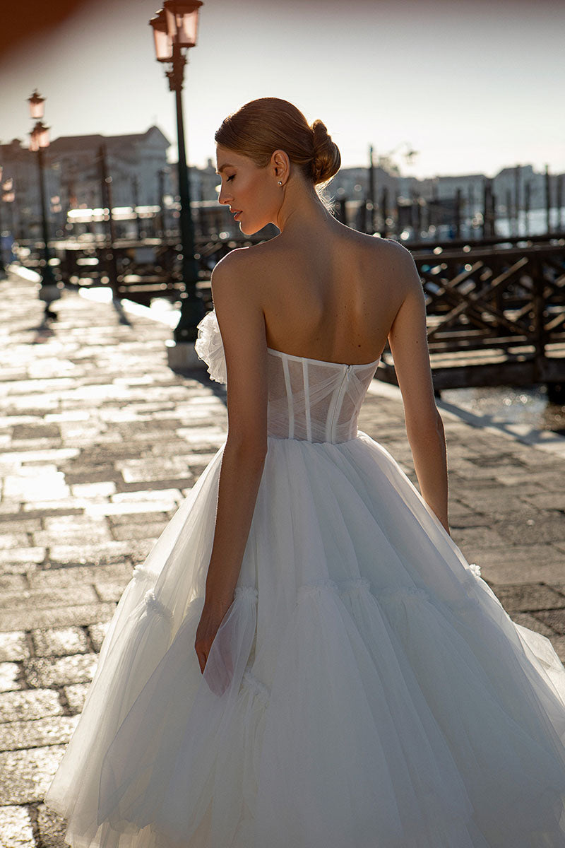 K1220 - Strapless Sleeveless Sheer Ruched Tulle Ball Wedding Gown