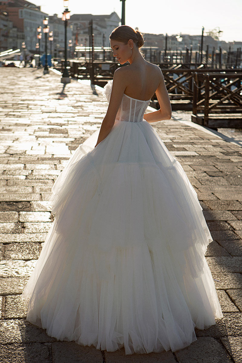 K1220 - Strapless Sleeveless Sheer Ruched Tulle Ball Wedding Gown