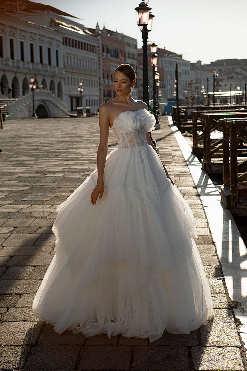 K1220 - Strapless Sleeveless Sheer Ruched Tulle Ball Wedding Gown