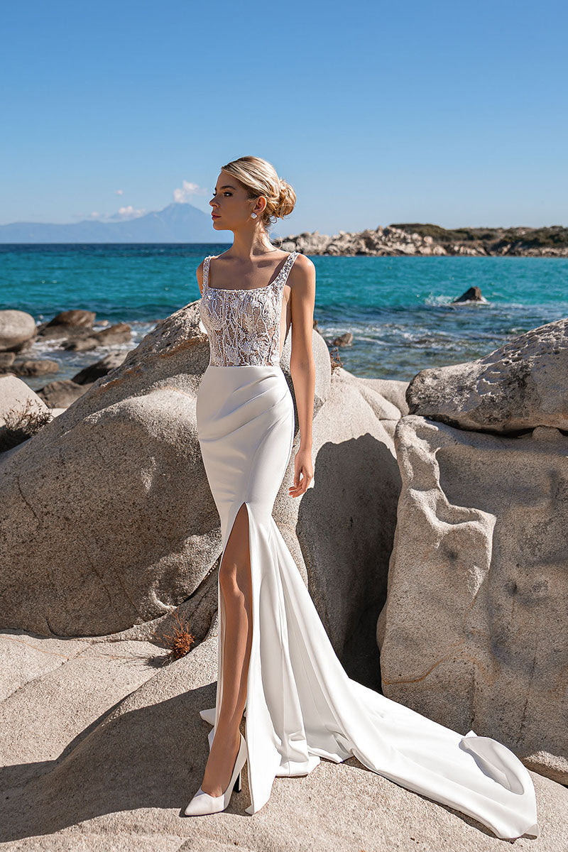 K1222 - Square Neck Lace Beaded Sheer Satin Mermaid Wedding Dress