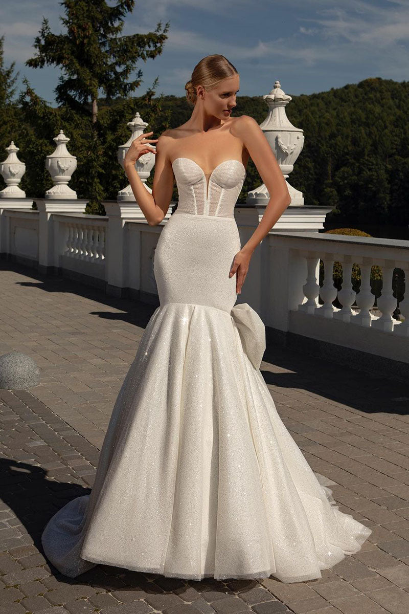 K1223 - Sweetheart Strapless Sparkly Satin Mermaid Long Wedding Dress With Bow