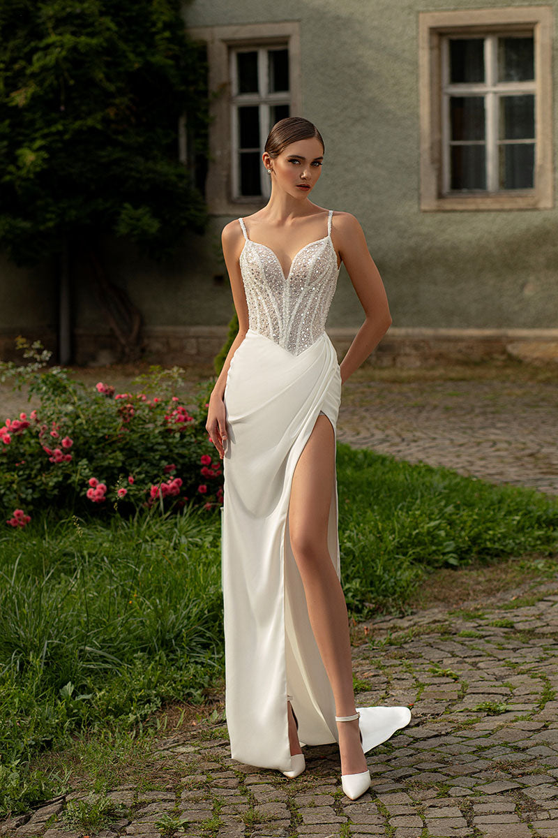 K1225 - V-Neck Spaghetti Straps Sequined Beaded Sheath Wedding Dress