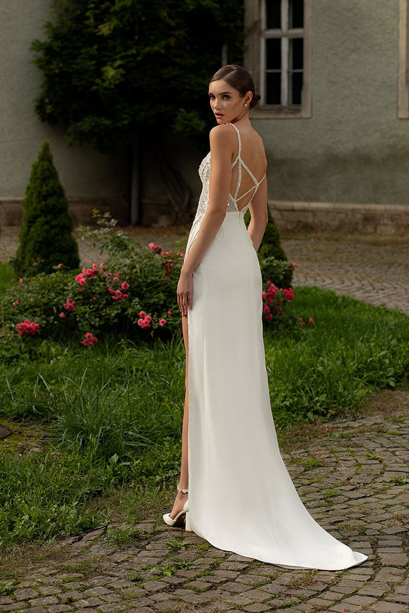 K1225 - V-Neck Spaghetti Straps Sequined Beaded Sheath Wedding Dress