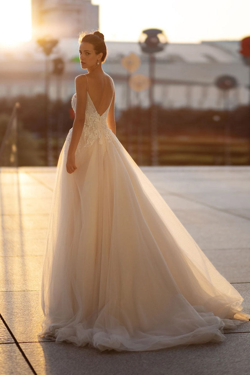 K1226 - V-Neck Spaghetti Straps Appliqued Tulle A-Line Long Wedding Dress