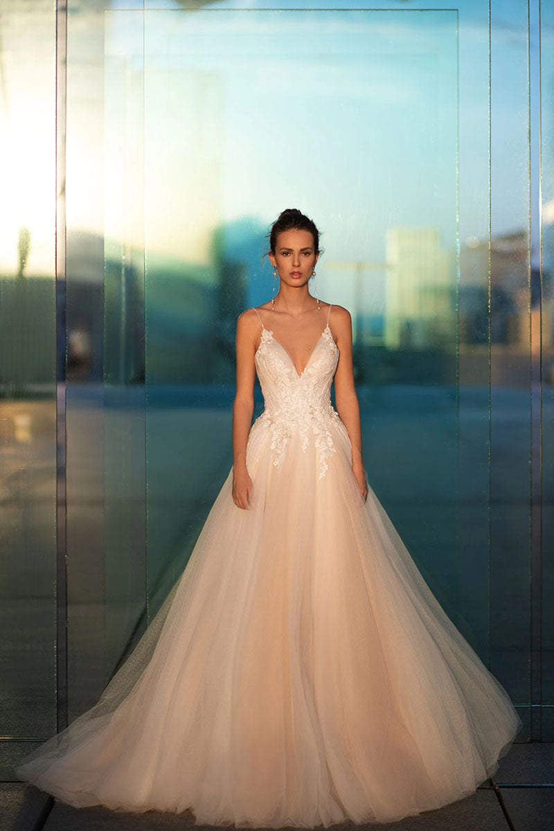 K1226 - V-Neck Spaghetti Straps Appliqued Tulle A-Line Long Wedding Dress