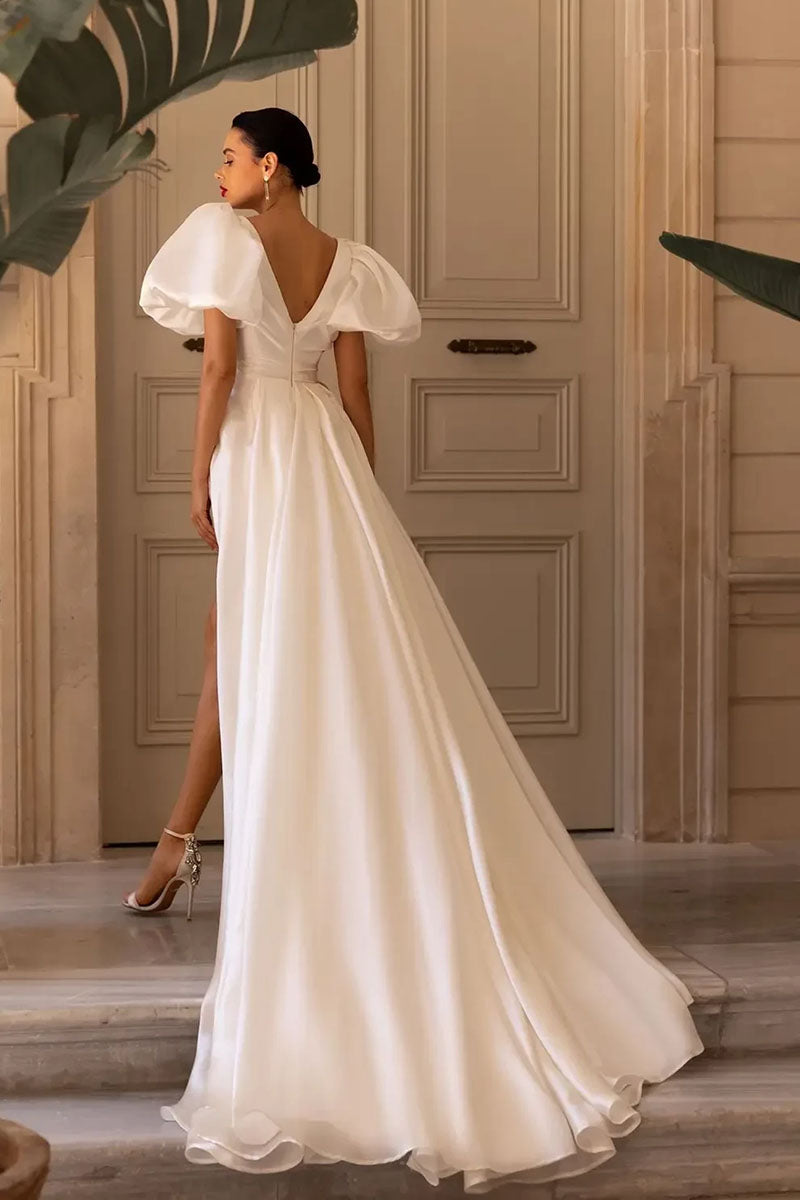 K1227 - V-Neck Short Puff Sleeves Satin A-Line Long Wedding Dress With Slit