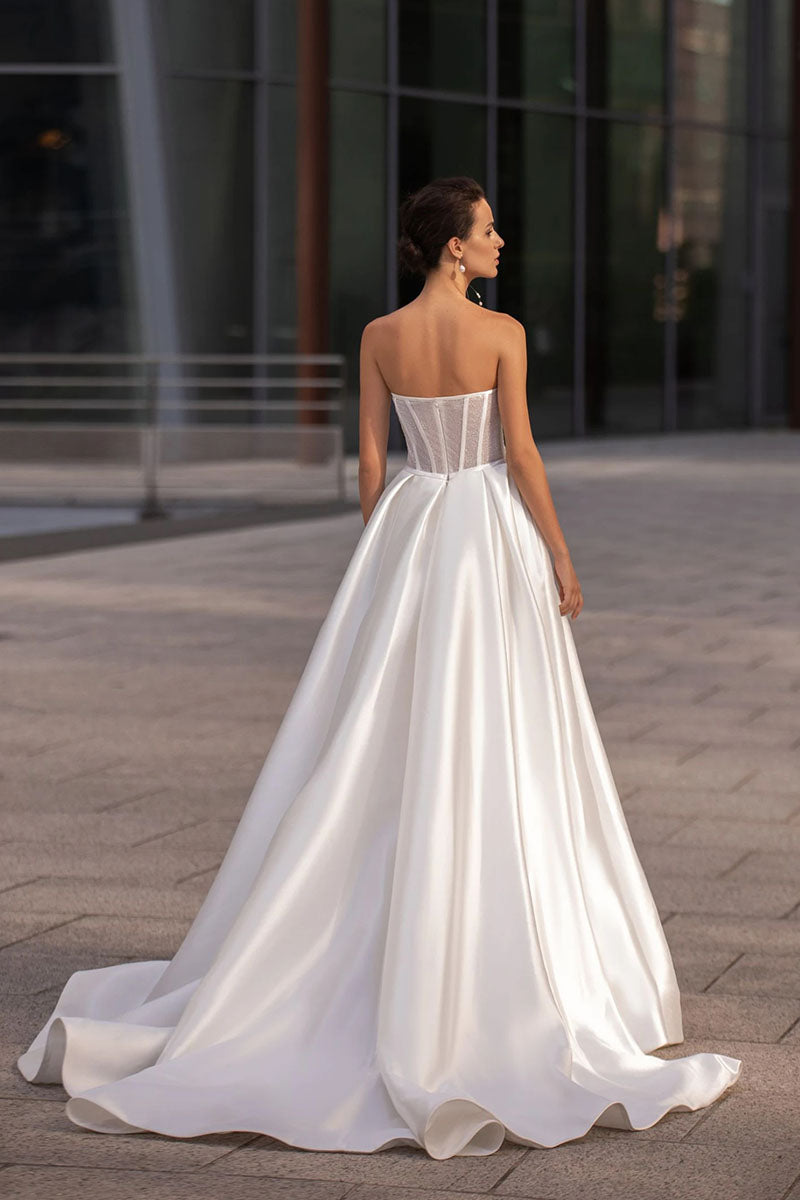 K1228 - Sweetheart Strapless Satin A-Line Long Wedding Dress With Sweep Train