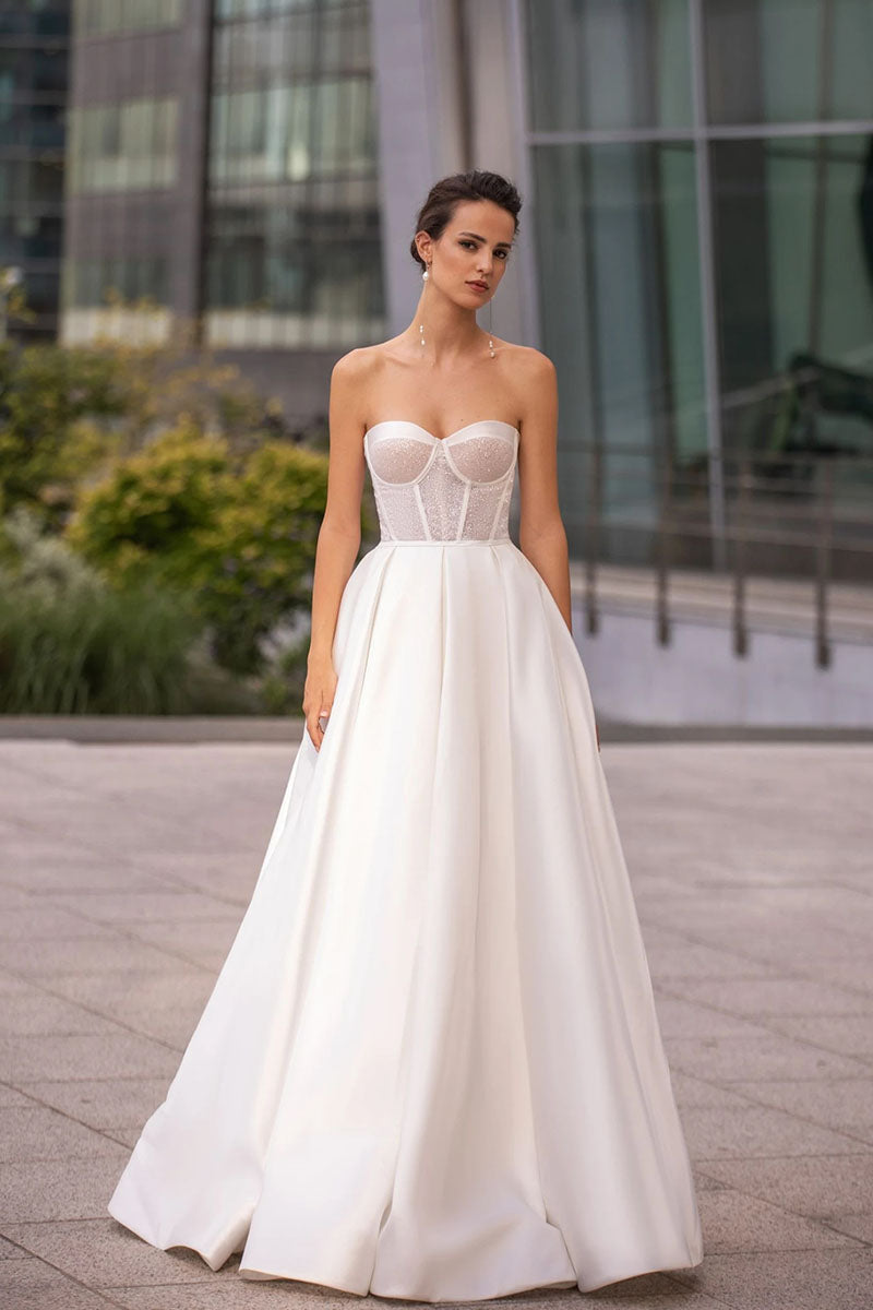 K1228 - Sweetheart Strapless Satin A-Line Long Wedding Dress With Sweep Train