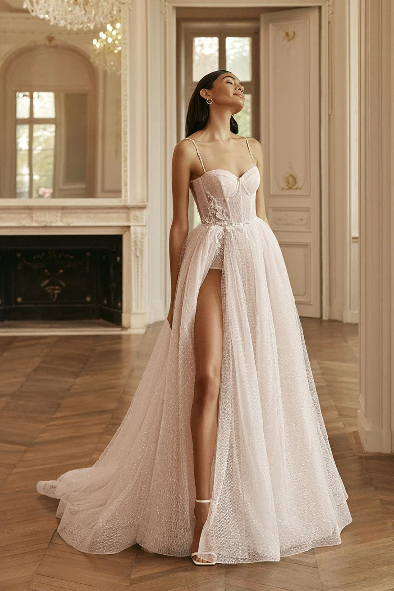 K1229 - Sweetheart Spaghetti Straps Lace Appliqued Tulle A-Line Long Wedding Dress