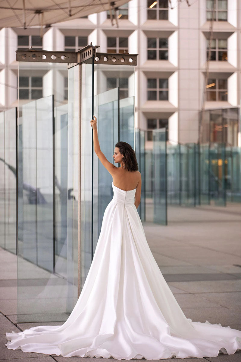 K1230 - Sweetheart Strapless Ruched Satin A-Line Long Wedding Dress