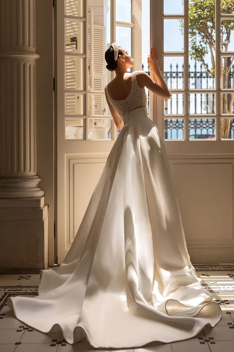 K1233 - Square Neck Beaded Satin A-Line Long Wedding Dress With Sweep Train