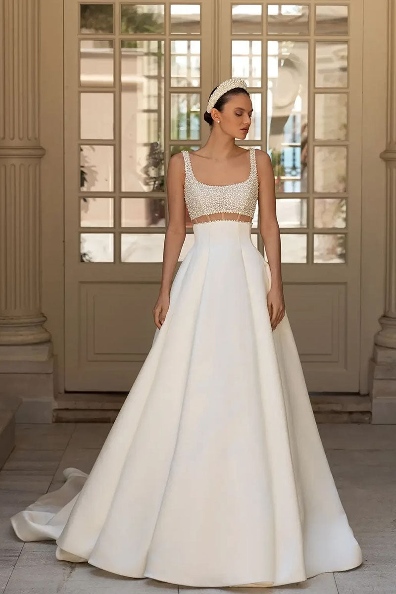 K1233 - Square Neck Beaded Satin A-Line Long Wedding Dress With Sweep Train