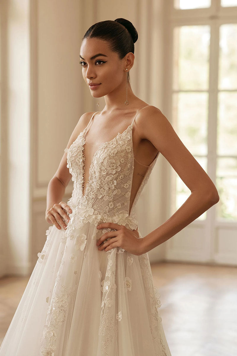 K1235 - Low V-Neck Spaghetti Straps Appliqued Tulle A-Line Wedding Dress