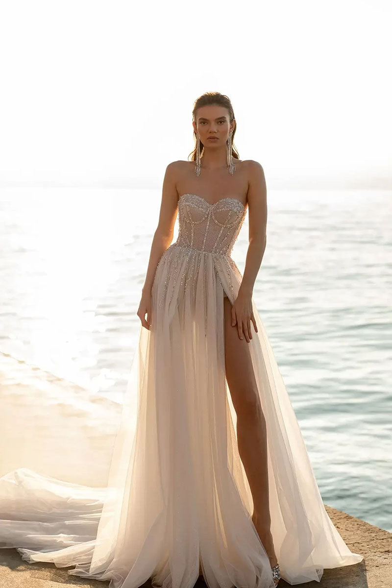 K1236 - Sweetheart Strapless Beaded Tulle A-Line Wedding Dress With Slit