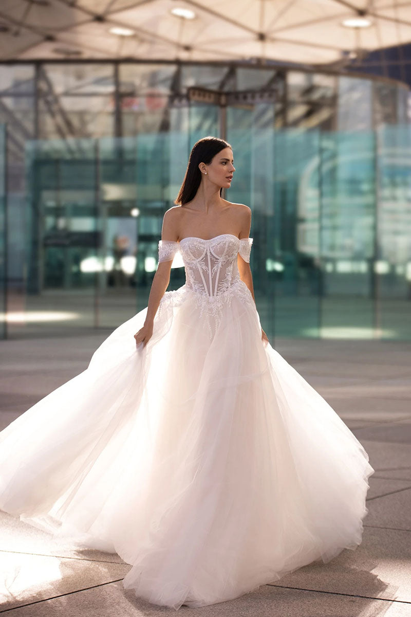 K1238 - Sweetheart Off-Shoulder Appliqued Sheer Tulle A-Line Wedding Dress