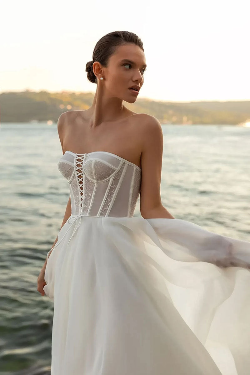 K1239 - Sweetheart Strapless Sheer Bodice Tulle A-Line Wedding Dress