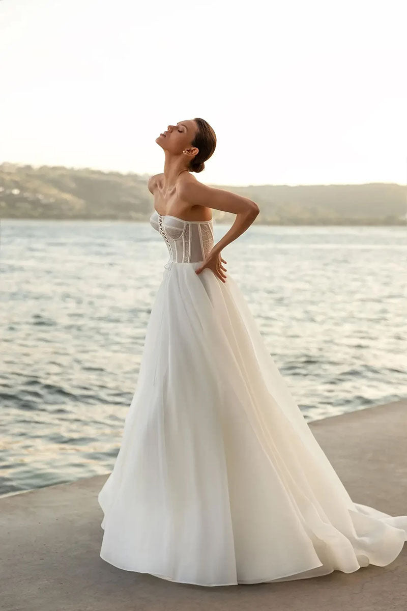 K1239 - Sweetheart Strapless Sheer Bodice Tulle A-Line Wedding Dress