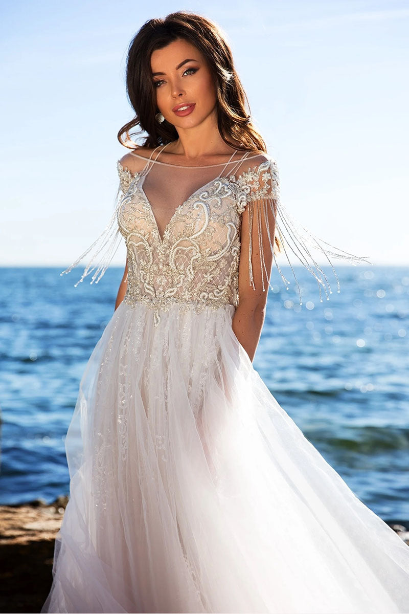 K1242 - Scoop Lace Appliqued Beaded Tulle A-Line Long Wedding Dress