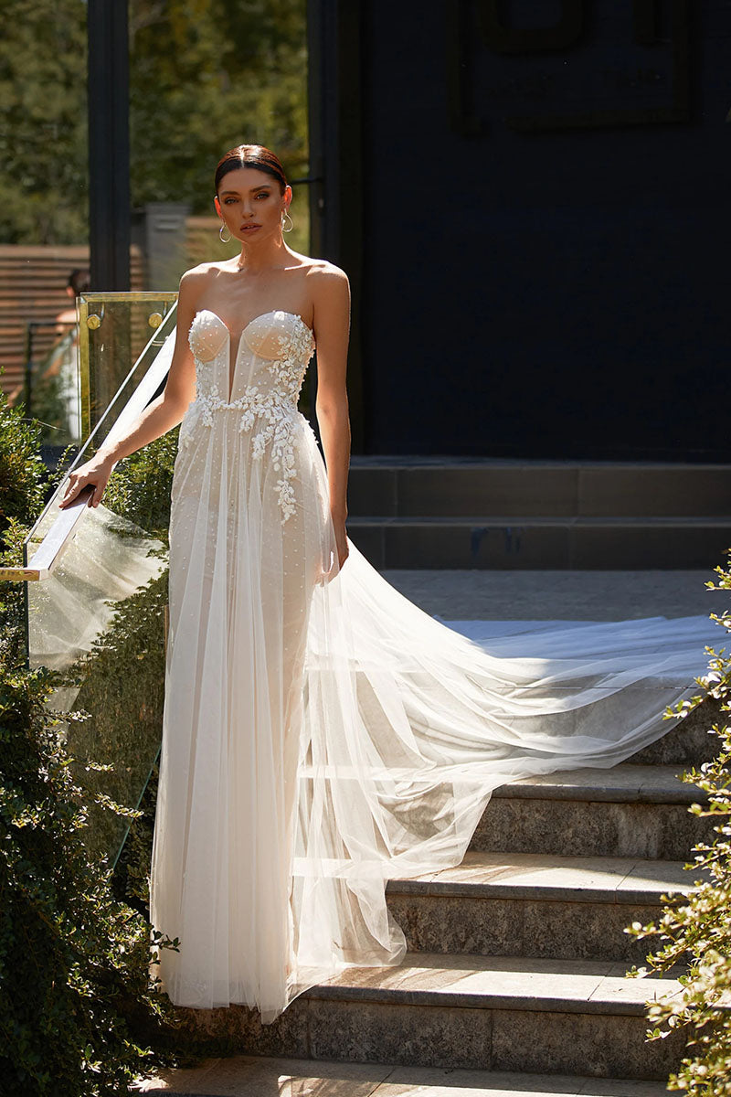 K1245 - Sweetheart Strapless Appliqued Tulle A-Line Long Wedding Dress