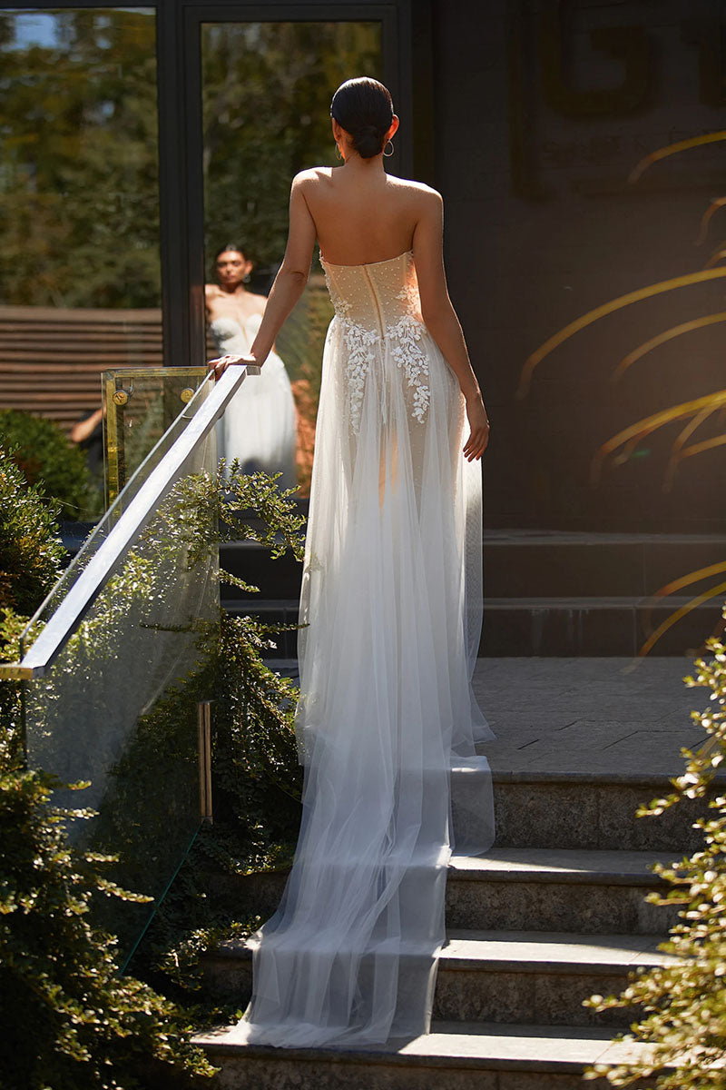 K1245 - Sweetheart Strapless Appliqued Tulle A-Line Long Wedding Dress