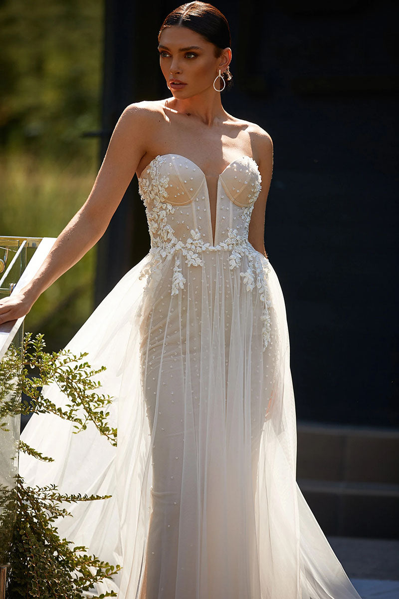 K1245 - Sweetheart Strapless Appliqued Tulle A-Line Long Wedding Dress