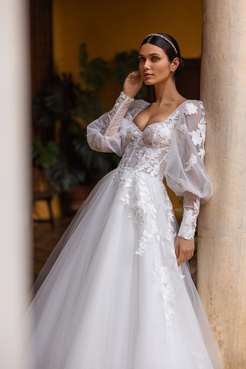 K1246 - Sweetheart Sheer Lace Appliqued Tulle A-Line Long Wedding Dress