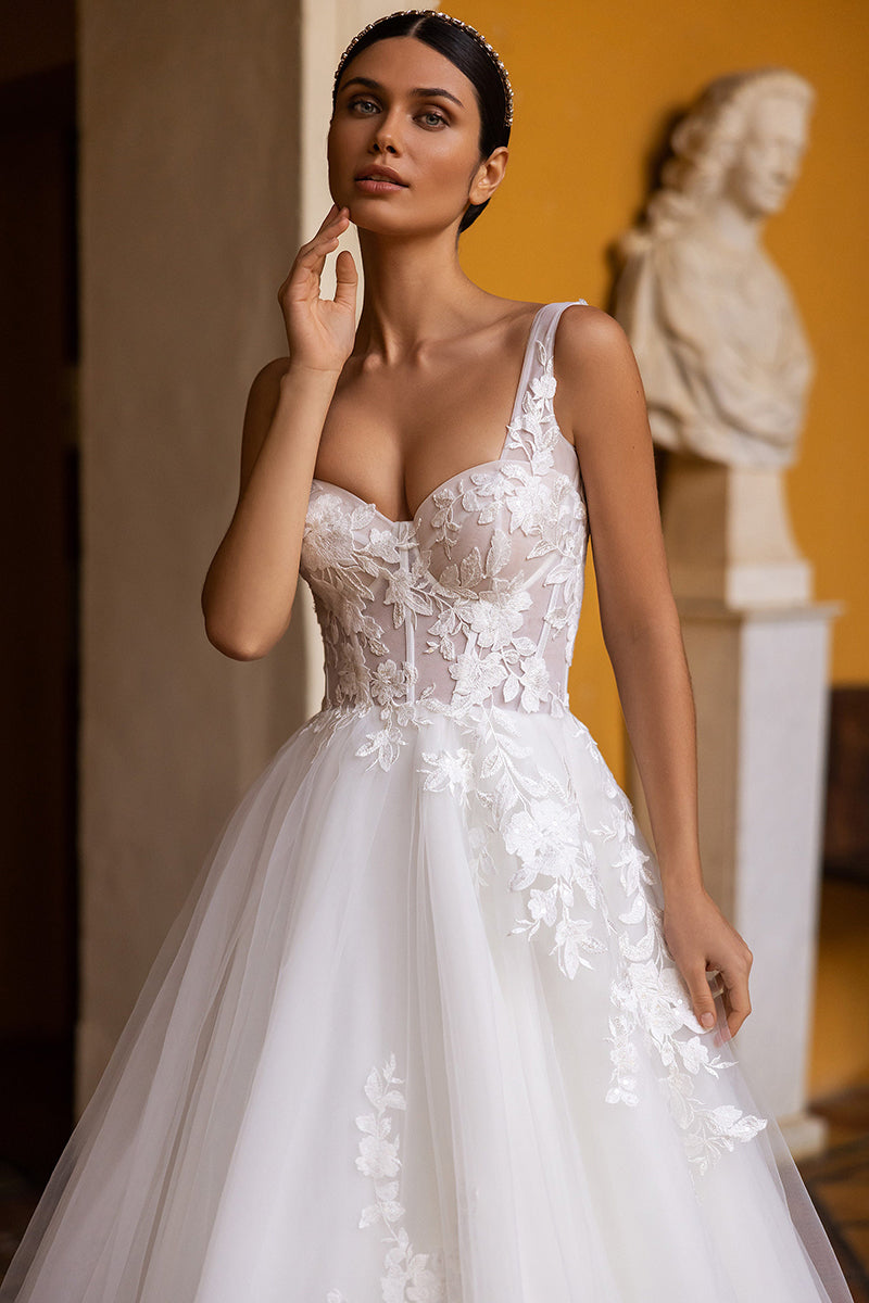 K1246 - Sweetheart Sheer Lace Appliqued Tulle A-Line Long Wedding Dress