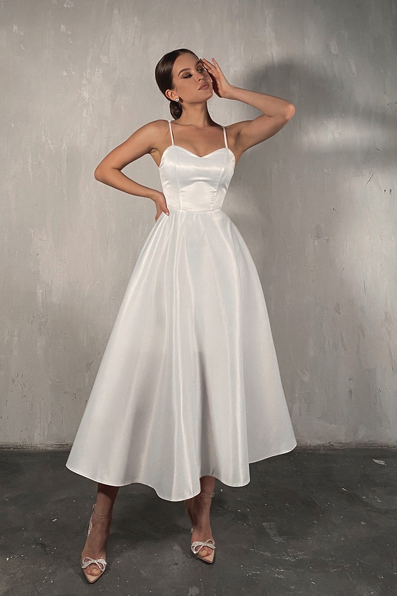 K1247 - Sweetheart Spaghetti Straps Satin A-Line Midi Wedding Dress