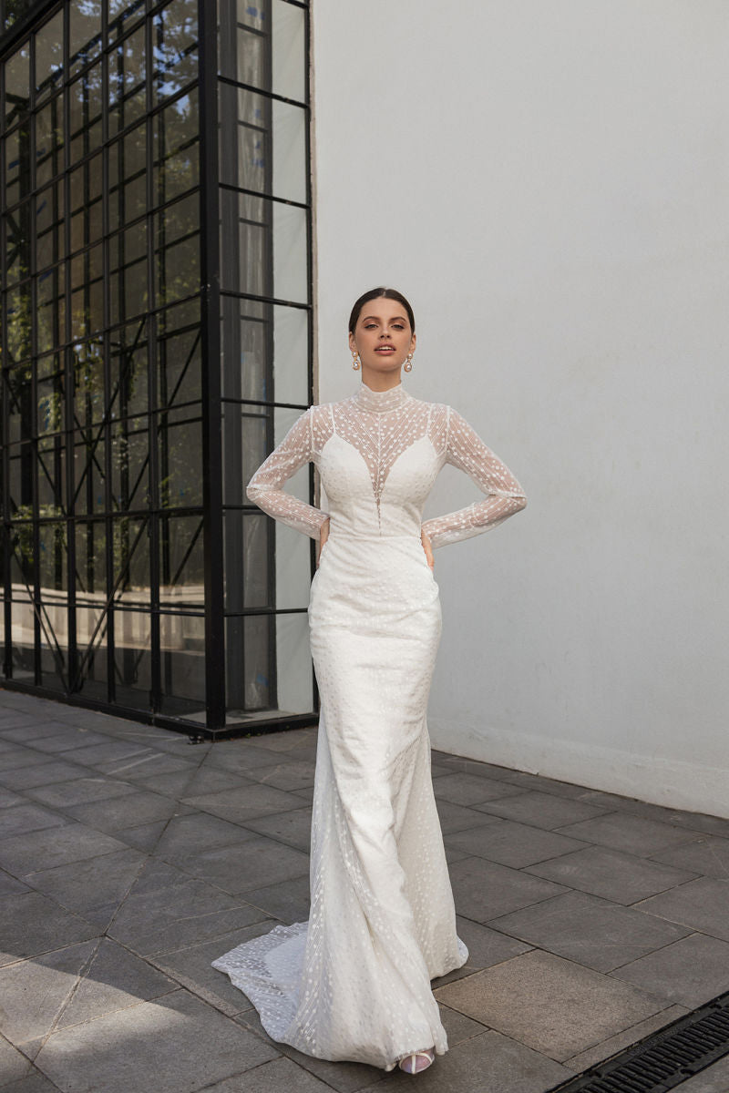 K1248 - High Neck Lace Long Sleeves Mermaid Long Wedding Dress