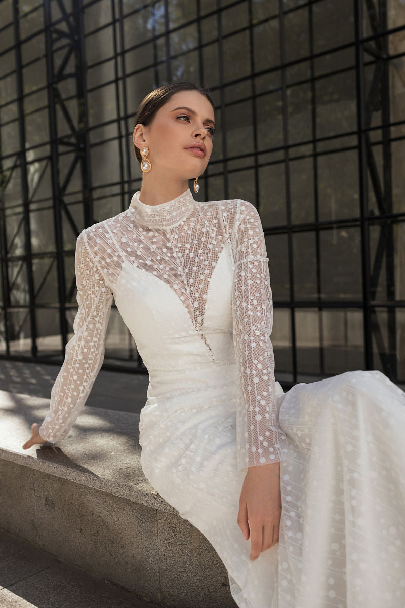 K1248 - High Neck Lace Long Sleeves Mermaid Long Wedding Dress