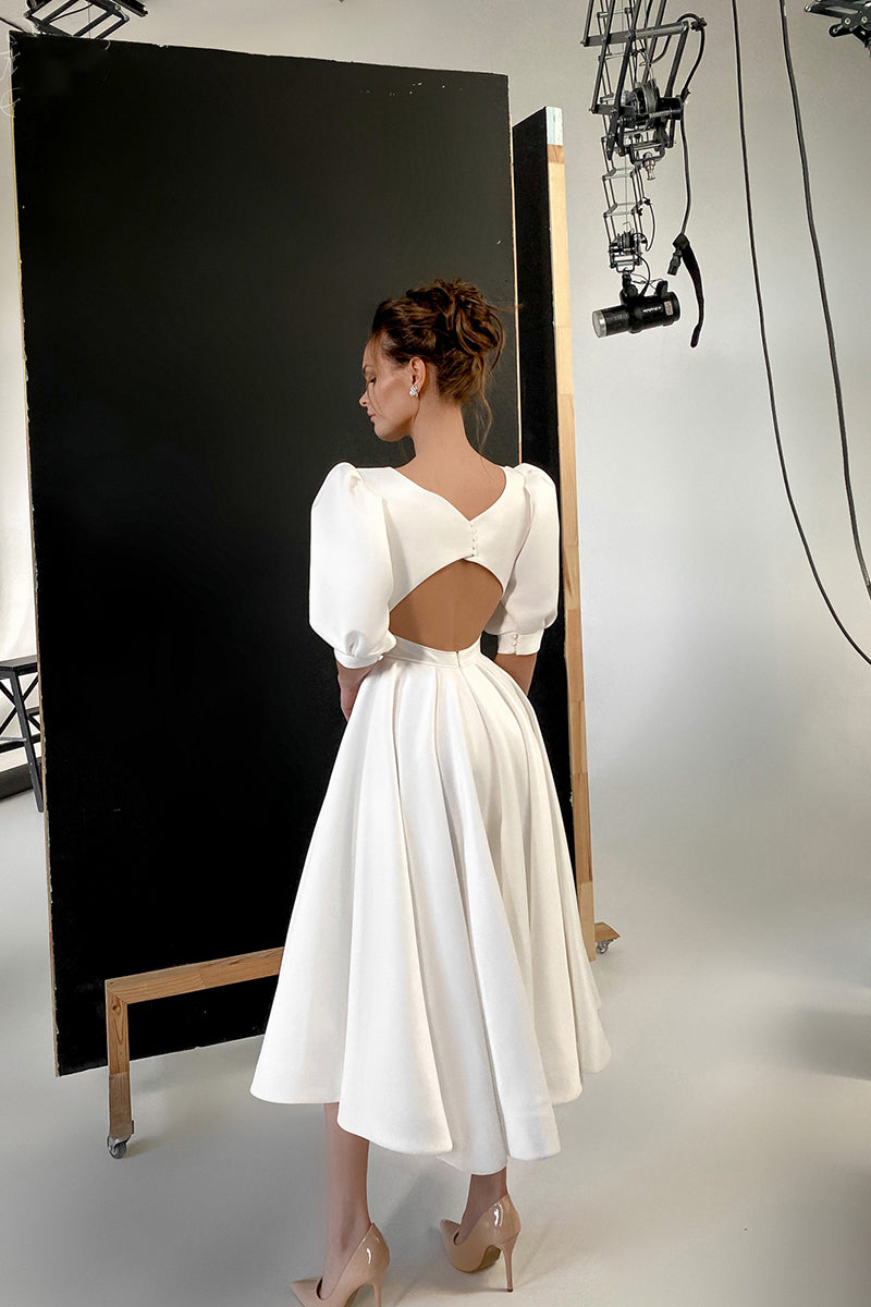 K1249 - Scoop Half Sleeves Cut Outs Satin A-Line Midi Wedding Dress