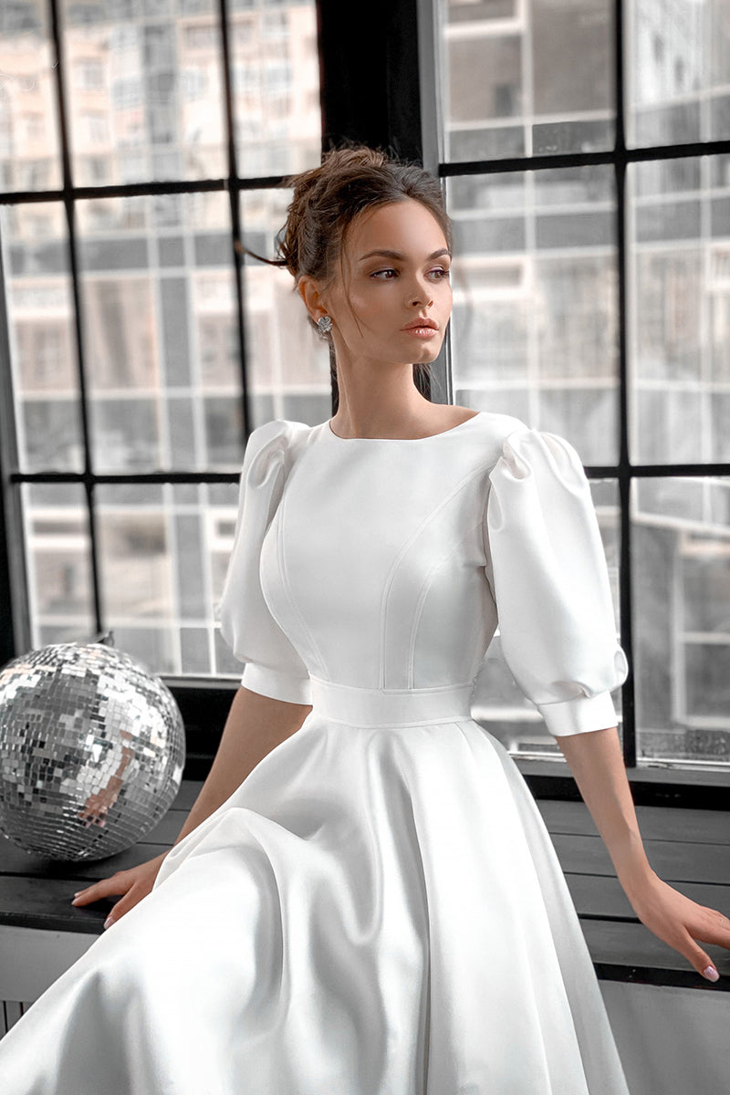 K1249 - Scoop Half Sleeves Cut Outs Satin A-Line Midi Wedding Dress