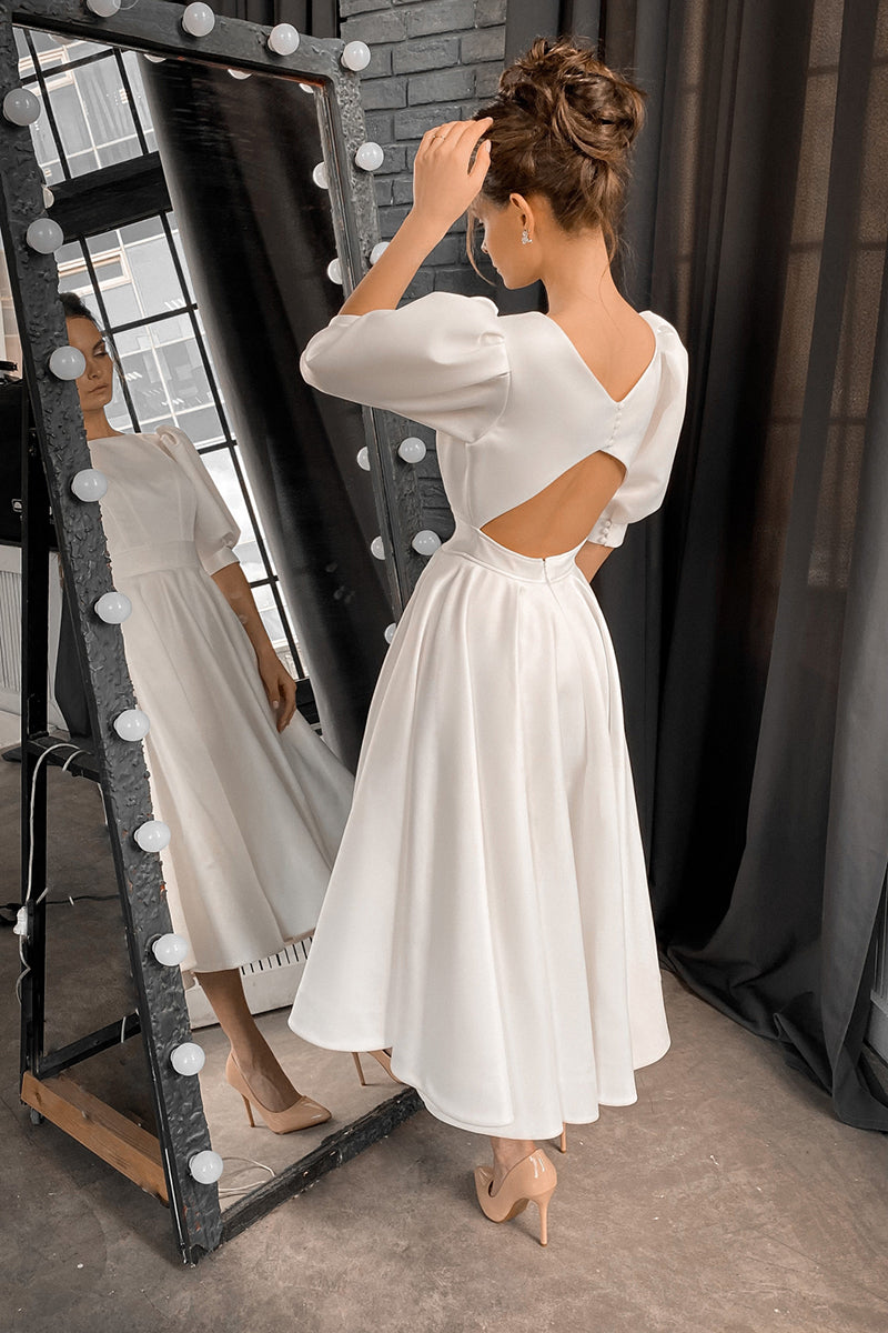 K1249 - Scoop Half Sleeves Cut Outs Satin A-Line Midi Wedding Dress