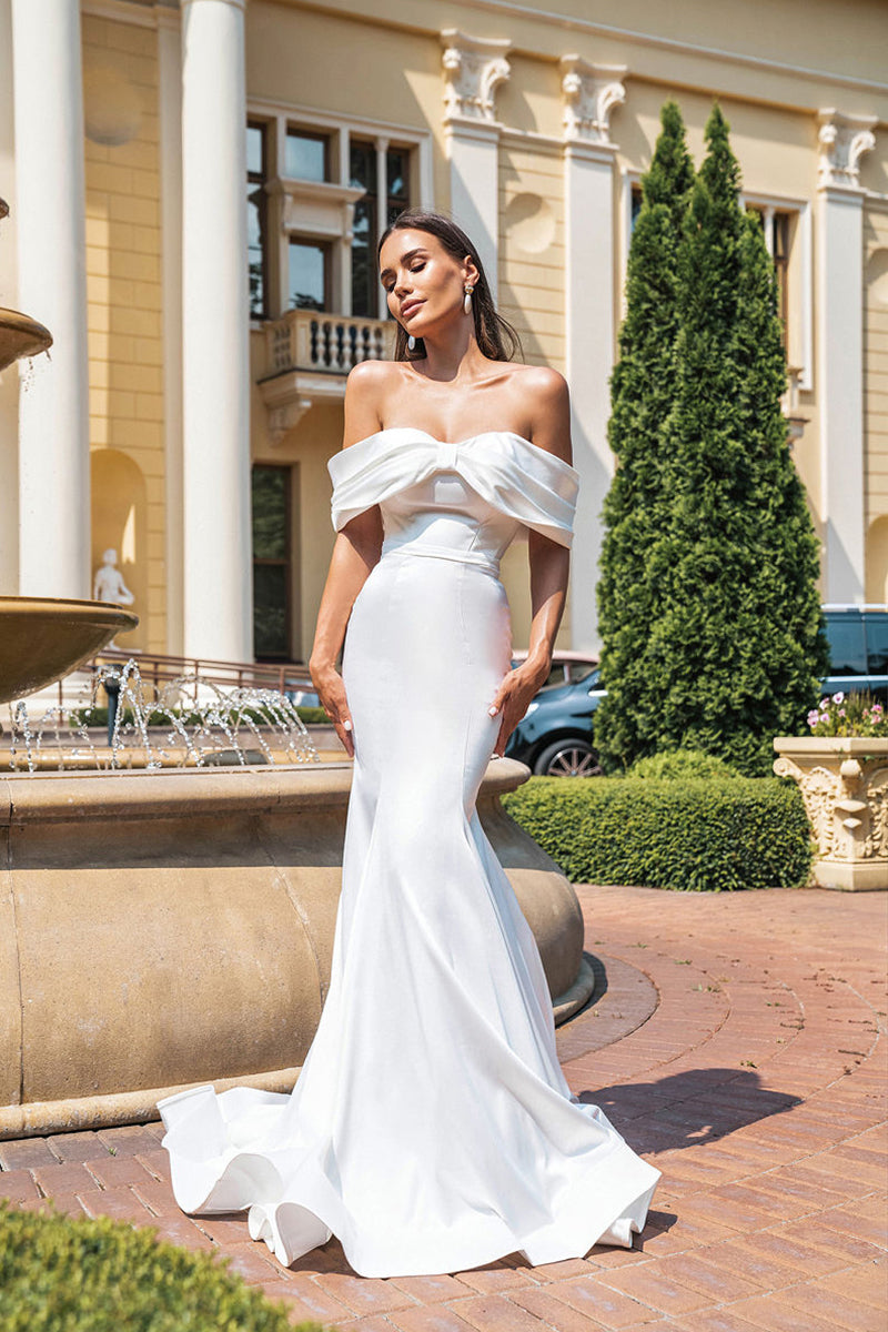 K1250 - Off-Shoulder Ruched Satin Mermaid Long Wedding Dress With Sweep Train