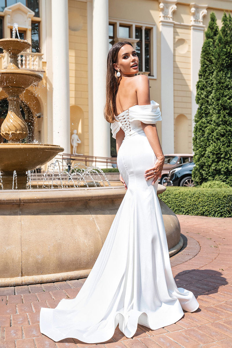 K1250 - Off-Shoulder Ruched Satin Mermaid Long Wedding Dress With Sweep Train