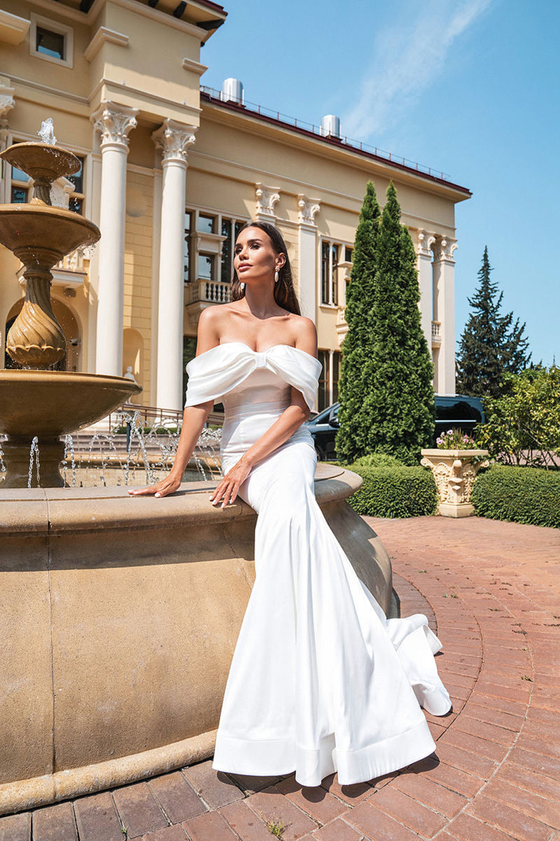 K1250 - Off-Shoulder Ruched Satin Mermaid Long Wedding Dress With Sweep Train