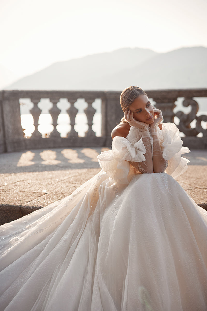 K1252 - Sweetheart Strapless Beaded Tulle Long Ball Wedding Gown With Sweep Train