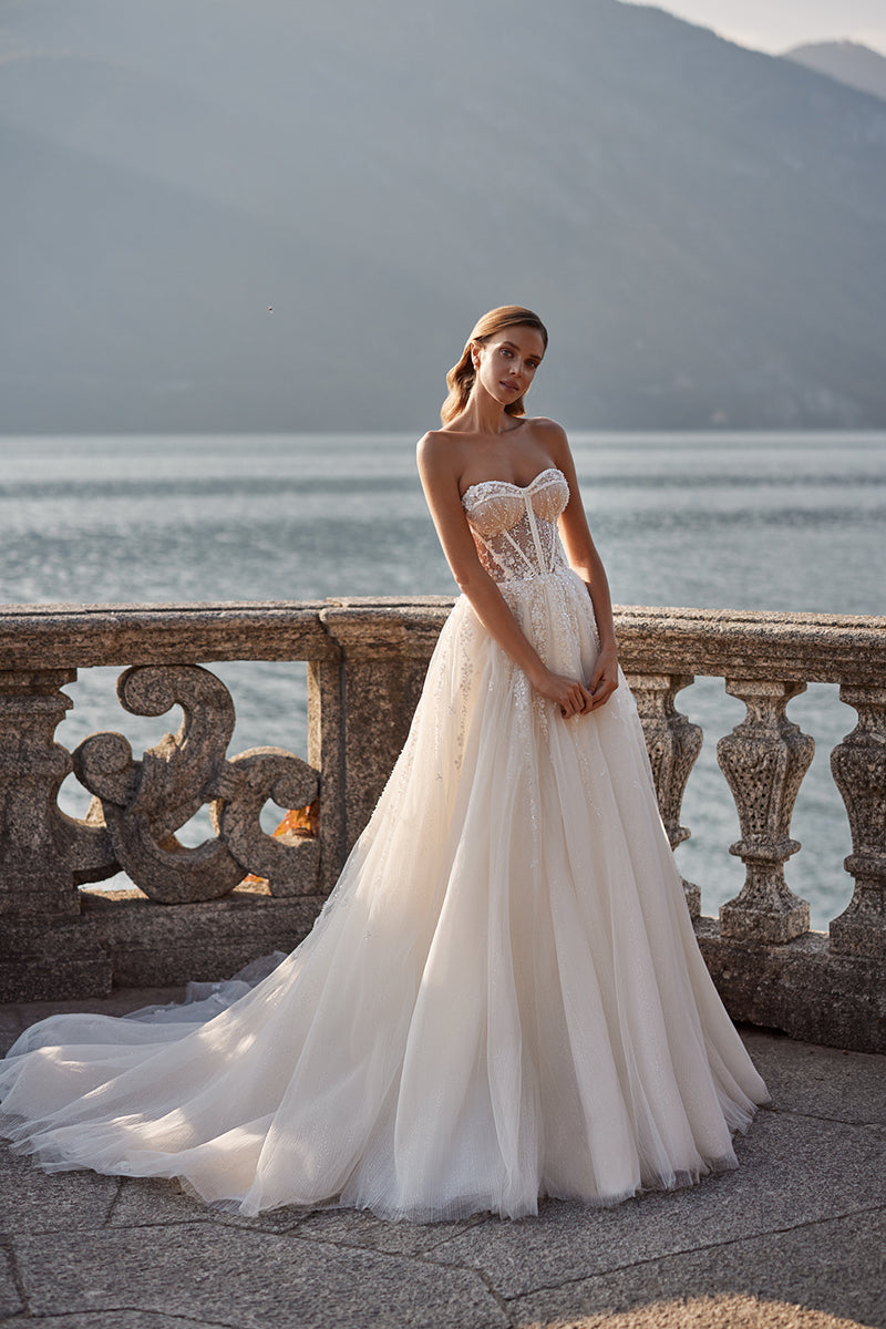 K1252 - Sweetheart Strapless Beaded Tulle Long Ball Wedding Gown With Sweep Train