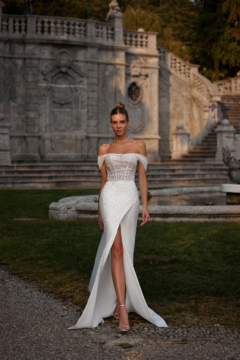 K1253 - Off-Shoulder Ruched Sequined Sheath Long Wedding Dress With Slit