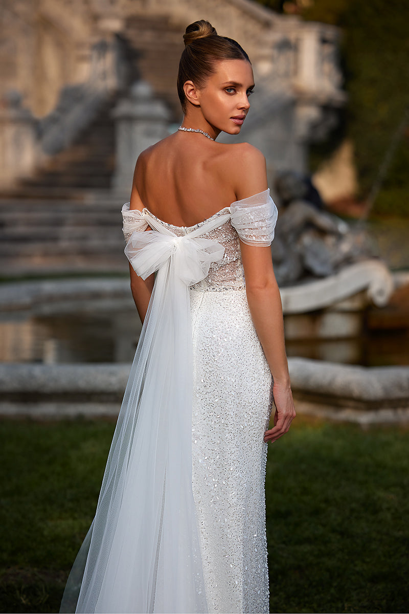 K1253 - Off-Shoulder Ruched Sequined Sheath Long Wedding Dress With Slit