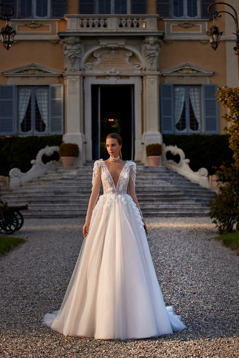 K1254 - Low V-Neck Long Sleeves Appliqued Tulle Ball Wedding Gown