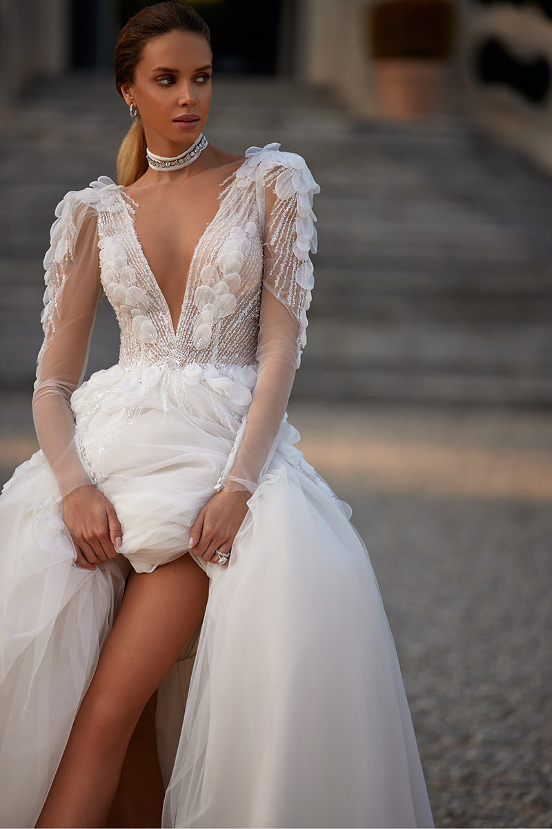 K1254 - Low V-Neck Long Sleeves Appliqued Tulle Ball Wedding Gown