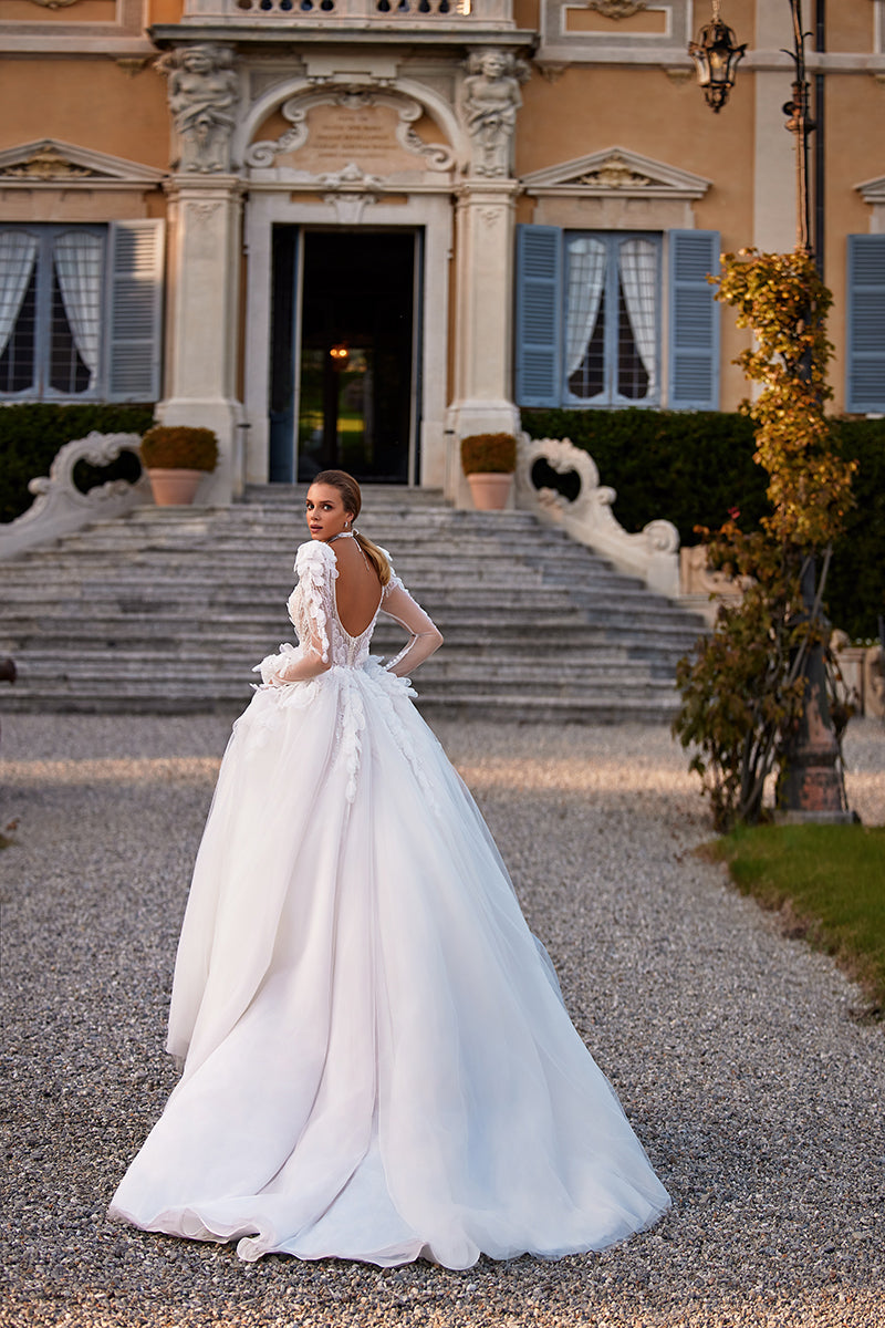 K1254 - Low V-Neck Long Sleeves Appliqued Tulle Ball Wedding Gown