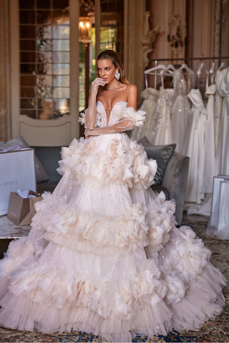 K1255 - Low V-Neck Strapless Ruffles Beaded Tulle Long Ball Wedding Gown