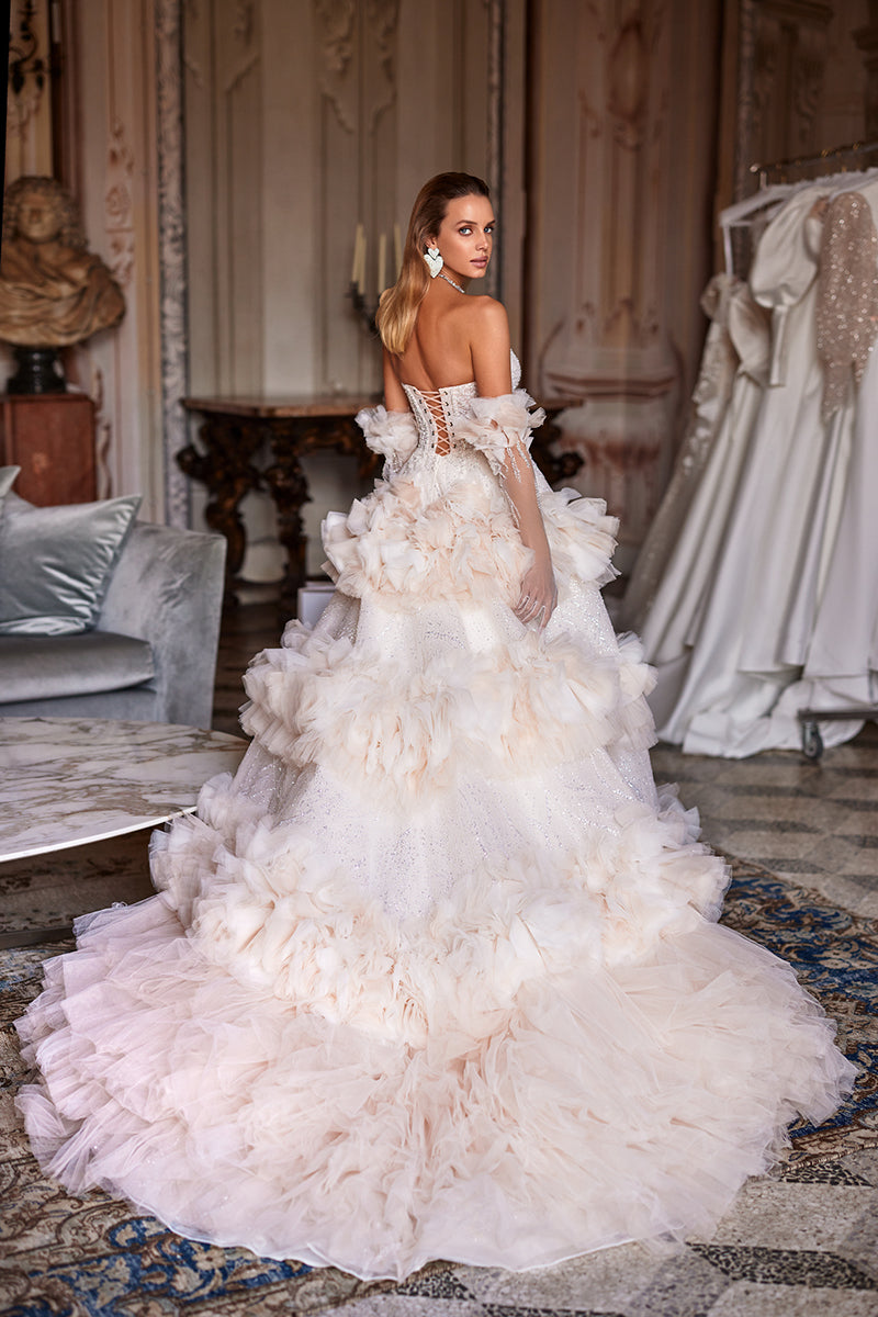 K1255 - Low V-Neck Strapless Ruffles Beaded Tulle Long Ball Wedding Gown