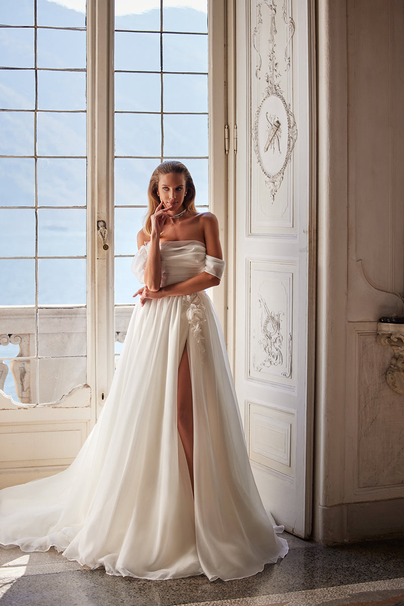 K1256 - Off-Shoulder Ruched Appliqued Tulle A-Line Long Wedding Dress